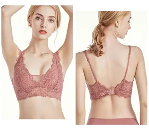 French breathable lace wireless bralette for women, sexy summer comfortable pink bra detail view.