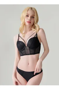 French sexy lingerie set with bone vest corset and matching panties for women.