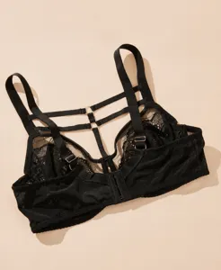 Detailed view of a black plus-size strappy lace bra, featuring breathable mesh and support.
