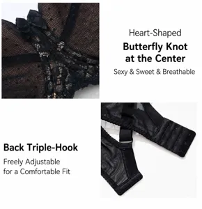 Plus size lace push up bra detail showing front bow and back hook closure design.