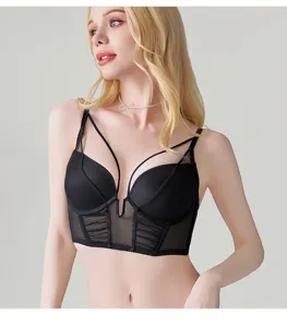 French sexy women black bustier bra fishbone corset shapewear detail view showcase now.