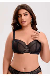 Black lace bra detail, breathable mesh design, comfortable support for fuller figures