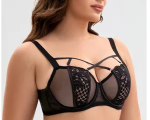 Schwarzer Plus-Size-Spitzen-BH mit sexy Riemen-Details, bequemes dünnes Körbchen für Damen.