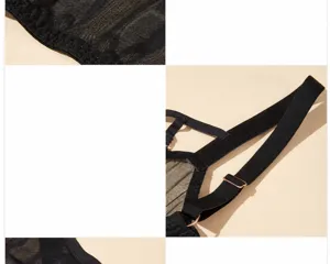 Schwarzes Netz-BH-Detail mit dicken elastischen Trägern und Metallverstellern Nahaufnahme.