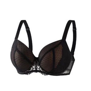 Plus size full cup lace push up bra for women breathable contrasting color black undergarment