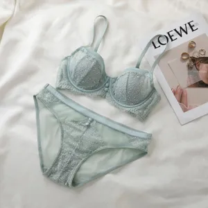 Light green lace bra and panty set, French style push-up lingerie set for women variant.