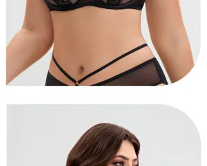Schwarzes Spitzen-Lingerie-Set für Damen, sexy ungarierter BH und bequeme Slips.