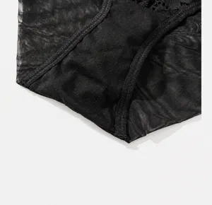 Black mesh women panty with 100% breathable cotton crotch, comfortable daily underwear detail.