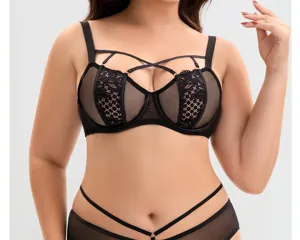 Große Größen Spitze Riemen schwarzer BH Detailansicht, sexy Push-up Lingerie Set Nahaufnahme.