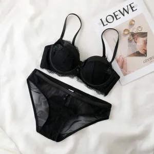 Black lace bra and panty set, breathable sexy push-up lingerie for women, comfortable fit.