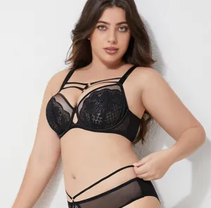 Plus size black lace bra and panty set with strappy details for women daily wear.