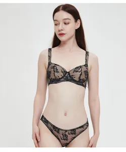 French lace lingerie set with soft underwire bra and matching panty for women sexy black