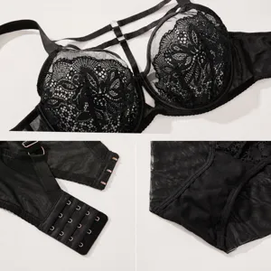 Women's Sexy Lace Bra And Panty Top And Bottom Set Large Size Thin Full Cup Underwired Strappy Lingerie For Women