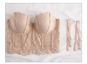 Women lace bustier corsets breathable boned push up bra top with detachable straps
