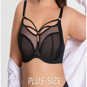 Plus size black sheer mesh bra with multi strap design for supportive push up wear.