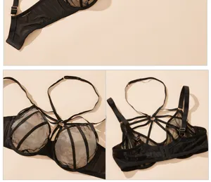 Vista dettagliata del reggiseno taglie forti in rete nera con spalline incrociate