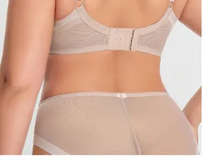 Back detail view of plus-size breathable seamless bra with multi-row closure and panties.