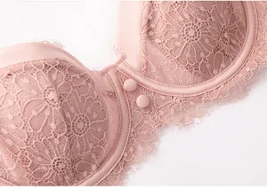 Close-up detail of a pink French lace bralette featuring delicate floral patterns and buttons.