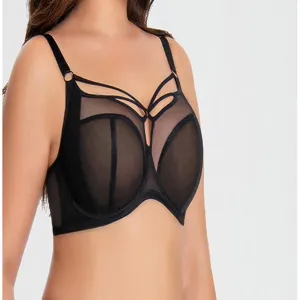 Plus size black sheer full cup bra detail close-up, strappy accent supportive design.