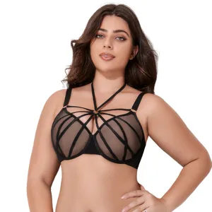 Reggiseno nero con gabbia taglie forti da donna, tessuto a rete traspirante push-up