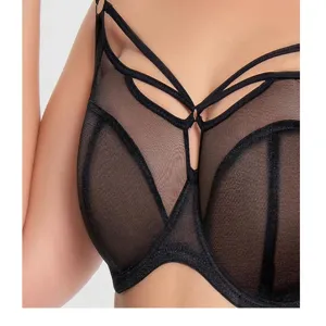 Plus size unlined full cup bra with mesh paneling and multi strap support detail black color
