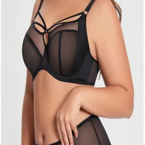 Plus size sheer mesh black bra detail view, supportive full cup design for daily comfort.