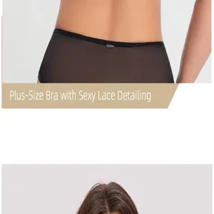 Plus-size black lace bra detail showing fine craftsmanship, comfortable fit and elegant style.