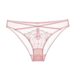 Culotte sexy en dentelle transparente pour femme, résille respirante, broderie florale fine.