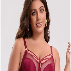 Plus size full cup ultra thin bra with cross strap design, supportive gathering underwear.