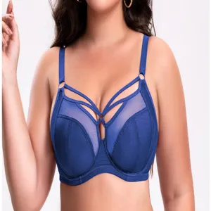 Detail view of the royal blue plus-size bra, featuring chic strappy accents and breathable mesh.