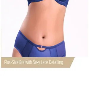 Plus size lace detail bra closeup showing supportive full coverage cup and comfortable blue fabric.