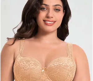 Plus size lace full cup bra, wide supportive straps, nude color, comfortable intimate apparel.