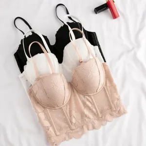 Women's French Style Lace Bustier Bone Support Push Up Bra Shapewear Top Breathable Mesh Adjustable Straps Corset Underwear