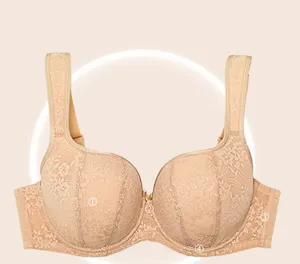 Detailed view of the lace bra cup and side wing support features with delicate floral patterns.