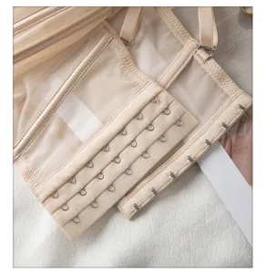Beige mesh bra detail corset hook extension elegant women underwear intimate apparel detail view