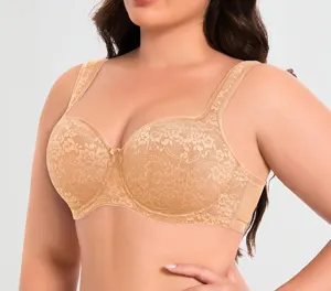 Plus size full coverage lace bra with wide straps for support and lift beige color detail