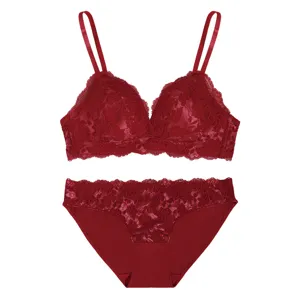 Détail de l'ensemble soutien-gorge et culotte en dentelle rouge avec motif floral et col en V.