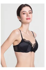Black lace bra detail showcasing exquisite floral embroidery, satin cups, and adjustable straps.