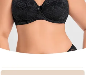 Plus size black lace full cup bra for women, gathering and breathable comfortable design.