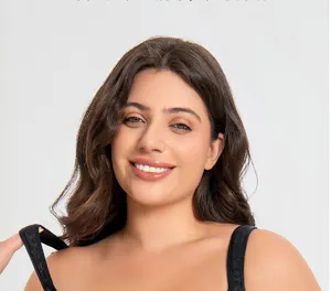 Close-up detail of women plus size lace bra strap and model smiling presentation feature view.