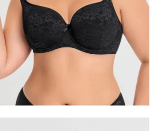 Detail view of black lace plus-size full cup bra with gathering and anti-sag support design