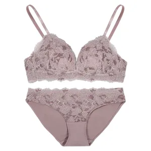 Ensemble soutien-gorge et culotte en dentelle pour femme, ensemble lingerie push-up mauve.