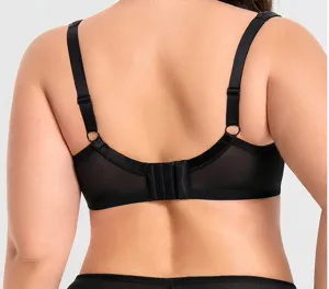 Plus size full coverage bra for women, black back closure breathable support design.