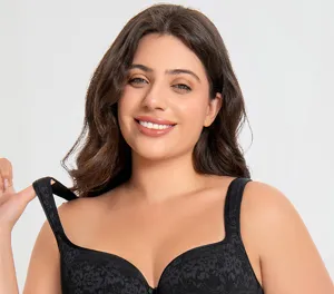 Plus size full coverage black bra, wide straps anti-sagging lace push up undergarment