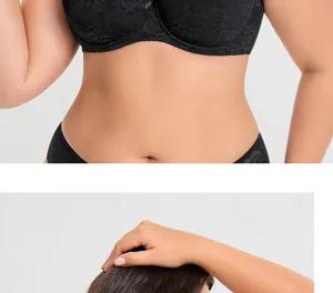 Plus size lace bra detail view showing floral pattern, support, and breathable full cup fit.