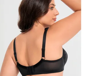 Plus size black full coverage bra detail showing adjustable straps and hook closure.