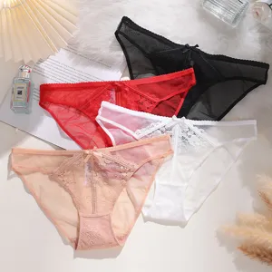 Women's Lace Sexy Mid-Waist Panties Breathable Mesh Splicing Briefs Soft Cotton Crotch Knitted Lingerie Underwear For Everyday Casual Wear