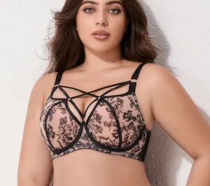 Plus size mesh full cup bra with lace embroidery and strappy cage design for secure support.
