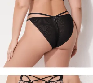 Plus size black mesh lingerie panty with cross straps, sexy back view close up detail.