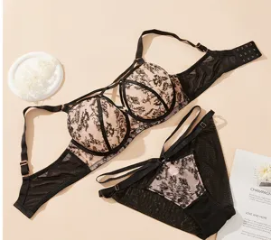 Plus size mesh push up bra and panty set for women, sexy floral lace underwear detail.